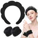 Zkptops Spa Headband for Washing Face Wristband Sponge Makeup Skincare Headband Terry Cloth Bubble Soft Get Ready Hairband for Women Girl Puffy Padded Headwear Non Slip Thick Hair Accessory(Black)