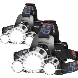 WdtPro Headlamp Rechargeable, 2 Pack 3000LM Bright Headlight, Lightweight Flashlight with 3 Powered LED, Waterproof 90Adjustable 4 Modes & Tail Lights Head Lamp for Camping Outdoor Running