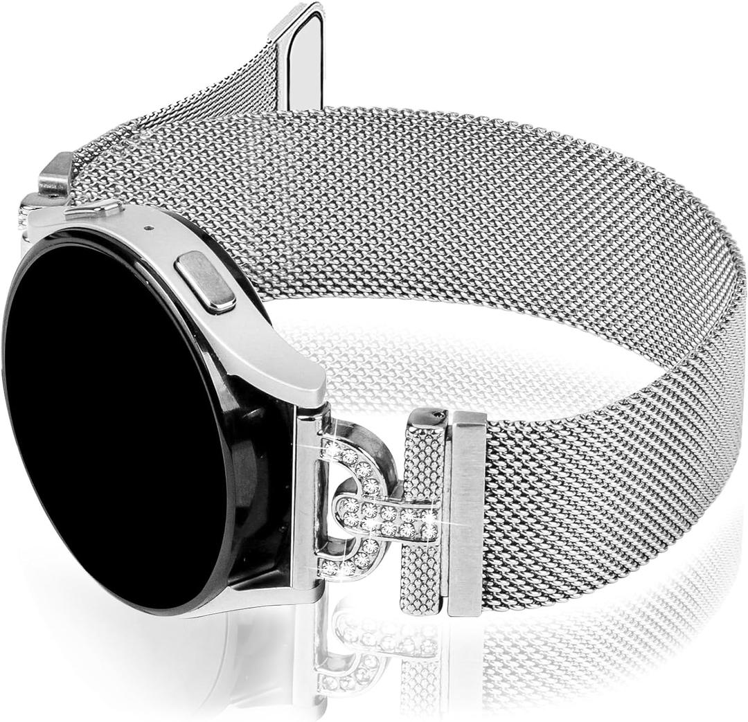 JOYOZY Magnetic Bands Compatible with Samsung Galaxy Watch 7/FE/5/6/4 40mm 44mm/Galaxy Watch 5 Pro 45mm/Galaxy Watch 4/6 Classic 42mm 46mm 43mm 47mm/Active2 Band,20mm D-shaped with Diamonds Mesh Strap (Silver)