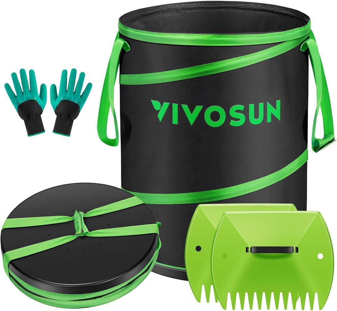 VIVOSUN 47-Gallon Collapsible Trash Can, Reusable Pop-Up Garden Bag with Hard-Shell Bottom, Leaf Scoops and Gloves, Yard Waste Container for Lawn Care and Camping