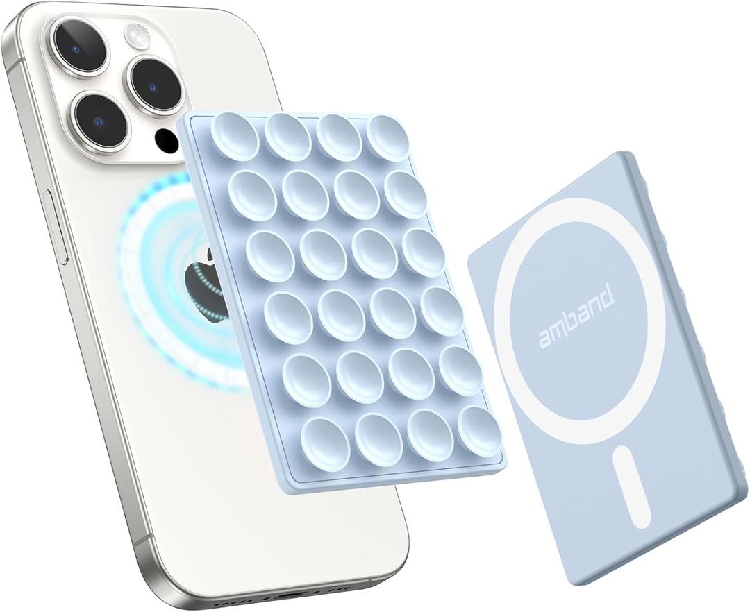 AmBand Magnetic Suction Phone Grippy for MagSafe Case, Silicone Cup Sticky Mount for iPhone 12 13 14 15 16 17 Pro Max/Pro/Air/Plus, Hands-Free Selfie/Video for TikTok Creator/Influencer, Light Blue
