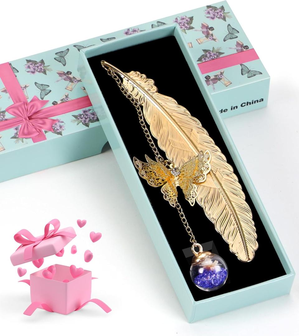 4 x Bookmark Christmas Stocking Stuffers for Women: Teacher Gifts for Readers Book Lovers Metal Feather Bookmarks for Teens Coworker, Butterfly Book Mark Unique Birthday Reading Gift for Mom Friend Sister (Gold Feather - Cobalt Blue Crystal With White Flower)