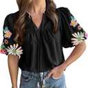 Ecosunny Women's Boho Embroidered Tops V Neck Floral Short Puff Sleeve Casual Shirts Loose Tunic Summer Blouses Fashion 2026 XL