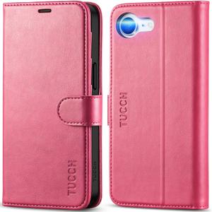 TUCCH Wallet Case for iPhone 16e, Kickstand PU Leather Magnetic Protective Flip Cover with [RFID Blocking] [4 Card Slots] [TPU Interior Case] Compatible with iPhone 16e 6.1" 5G, Hot Pink