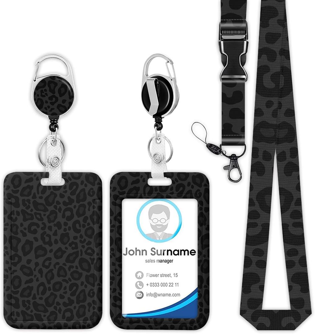 Black Leopard Badge Holder Reel Lanyard, ID Card Badge Holder Retractable Name Tag Clips, Funny Nurse Teacher Office Student Gifts