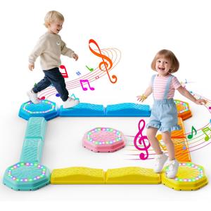 Holyton Music Light Up Balance Beam and Toddler Stepping Stones 13 Pieces, Non-Slip Plastic Balance Stackable Stepping Stones for Kids, Sensory Toys for Toddlers, Indoor or Outdoor Play, Easy Storage