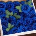 Artificial Flowers 25pcs Real Looking Royal Blue Foam Fake Roses with Stems for DIY Wedding Bouquets White Bridal Shower Centerpieces Arrangements Mothers Day Party Tables Decorations