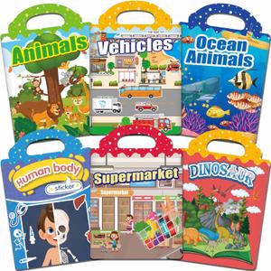 6 Sets Reusable Sticker Book for Toddlers 1-3, Jelly Sticker Books for Toddlers 2-4 Years, Toddler Travel Toys for Kids 2 3 4 Year Old Girls Boys