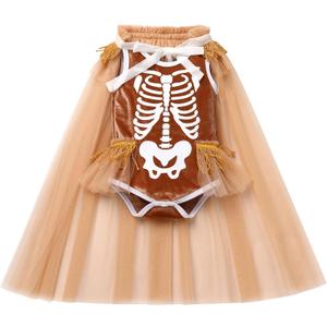 My First Halloween Dress Baby Girl Skeleton Velvet Bubble Romper Sequin Tulle Cloak Toddler Christmas Birthday Outfit (Brown)