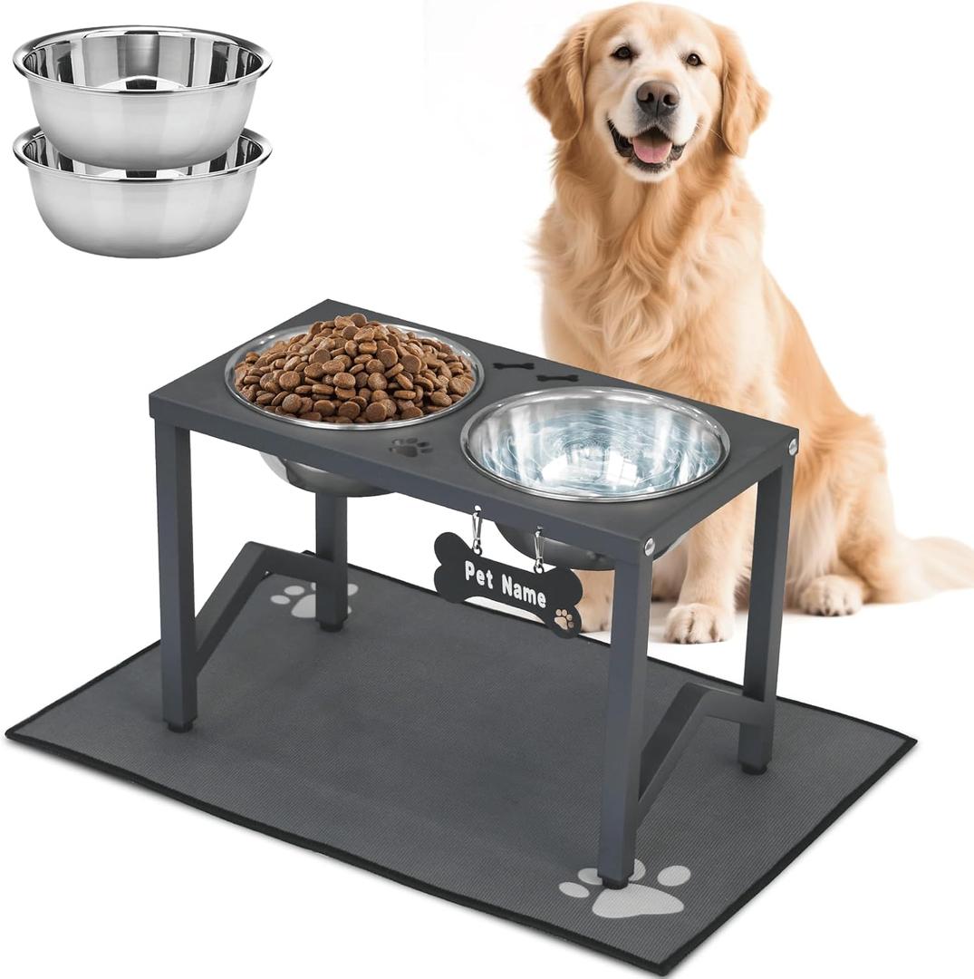 Elevated Dog Bowls, Metal Raised Dog Bowl Stand with 2 Thick 58oz Stainless Steel Food Bowls & Non-Slip Mat - 11.8" Tall for Medium/Large Breeds(Grey)
