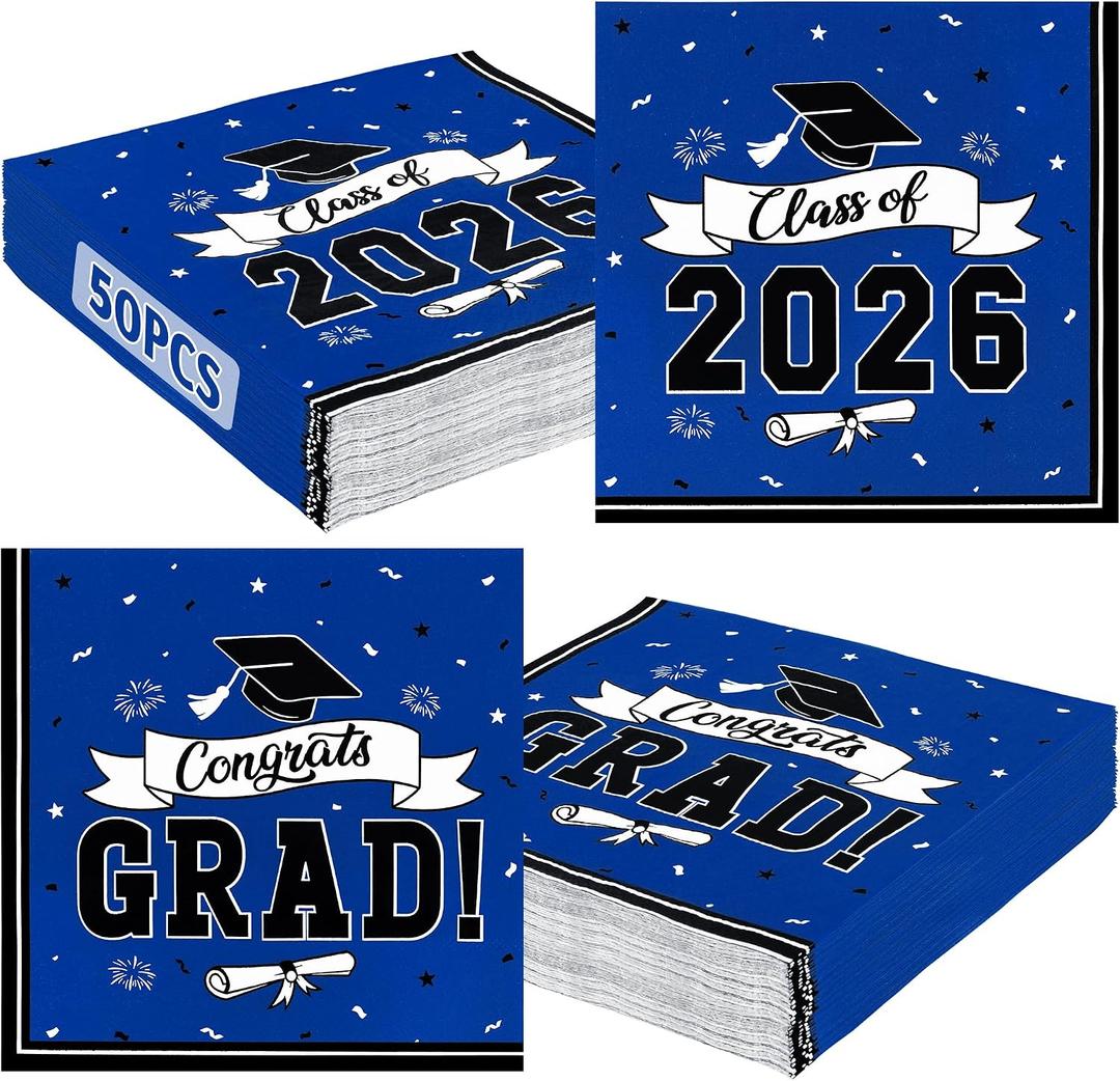 50 Pack Graduation Napkins, 6.5 X 6.5 Inches Blue Graduation Decorations 2026, Disposable Grad Napkins Class of 2026 Decorations with Caps Ribbons Style, Grad Paper Tissues for Graduate Party Supplies