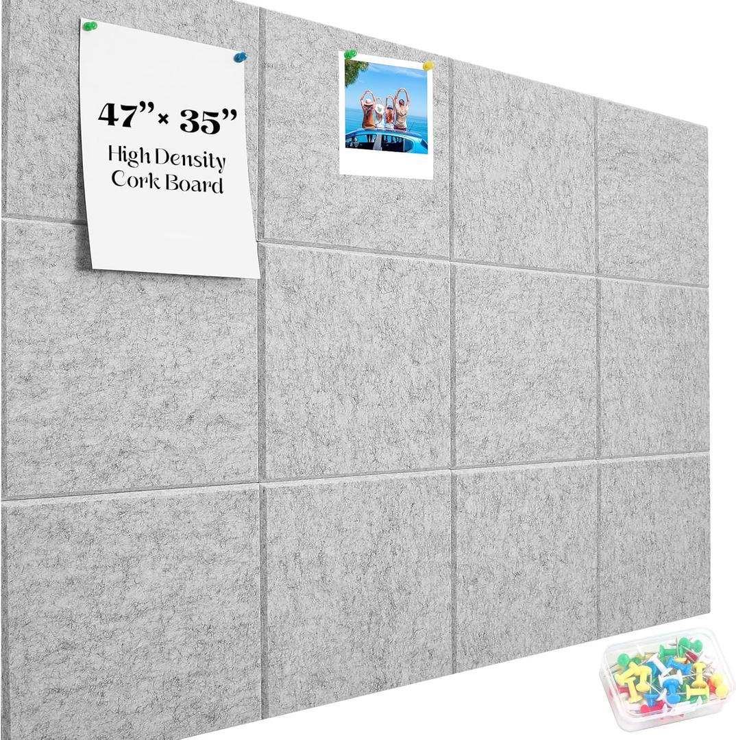 Large Cork Board Felt Wall Tiles, 48"x36" 12 Pack Alternative Cork Board for Walls Home Office, Cork Boards Alternative with Removable Adhesive Tabs, Pin Boards for Walls, Gray