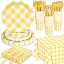 WNINK 176 PCS Yellow Gingham Plates and Napkins, Yellow Checkered Disposable Plates Set with Napkins Cups Plastic Spoons Forks Knives for Dinner Birthday Baby Shower Wedding Supplies