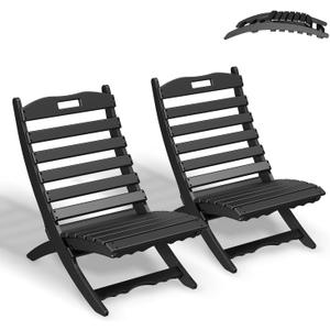 GREENVINES Folding-Xavier-Chairs Set of 2 | Wave | Portable Adirondack-Chair | HDPE Plastic | All Weather Fire-Pit Chair | Black | for Beach Outdoor Deck Poolside Garden Patio Porch Fishing