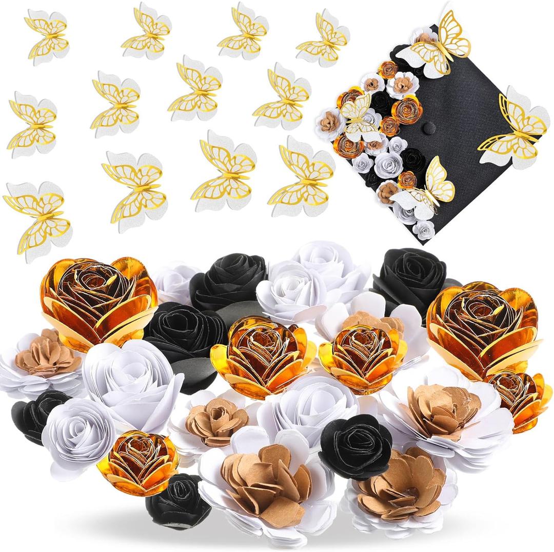 36 Pcs DIY Graduation Cap Decorations Accessory Kit Include Faux Paper Flower Heads 3D Butterfly Grad Cap Mini Paper Flowers Decorations for Grad Cap Topper DIY Graduation Gift(Black, Gold)