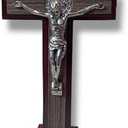 Amazon.com: St. Benedict Tabletop Crucifix  8 Mahogany & Oak Wood Style Cross on Stand  Catholic Desk Cross for Home or Office Prayer Corner : Home & Kitchen
