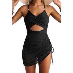 Women's Mesh One Piece Swimdress V Neck Cutout Swim Dresses Bathing Suit Wrap Sarong Swimwear (Large, Black)