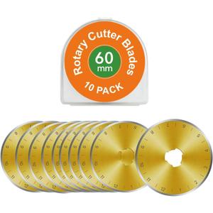 60mm Rotary Cutter Blades 10 Pack Titanium Coated SKS-7 Steel, Sharp Durable Replacement Blades for Quilting, Sewing, Heavy Fabric Cutting, Fits Olfa, Fiskars