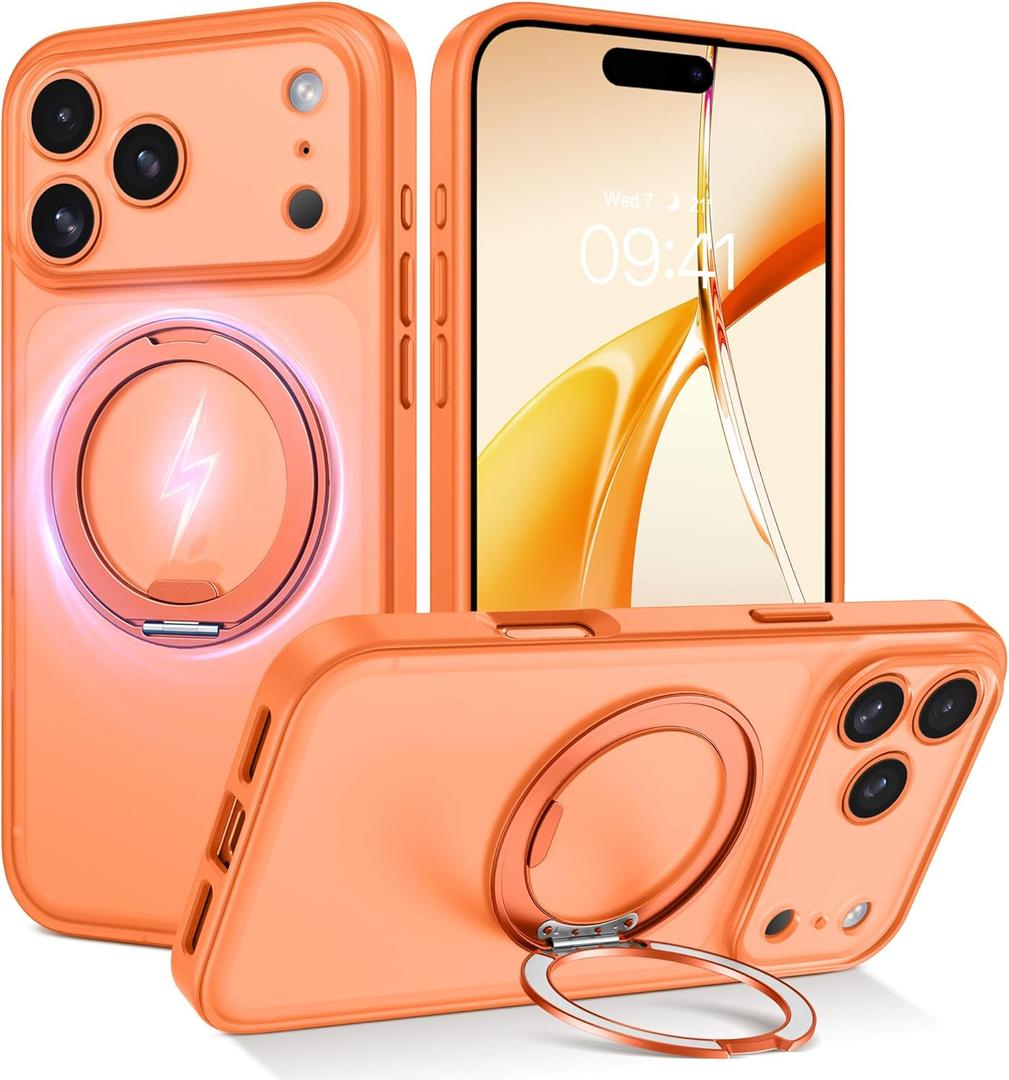 DOMAVER for iPhone 17 Pro Max Case 2025 New Released, with 360 Spin Magnetic Stand [Compatible with Magsafe], [Full Camera Protection] Translucent Shockproof Cover for iPhone 17 Pro Max 6.9", Orange