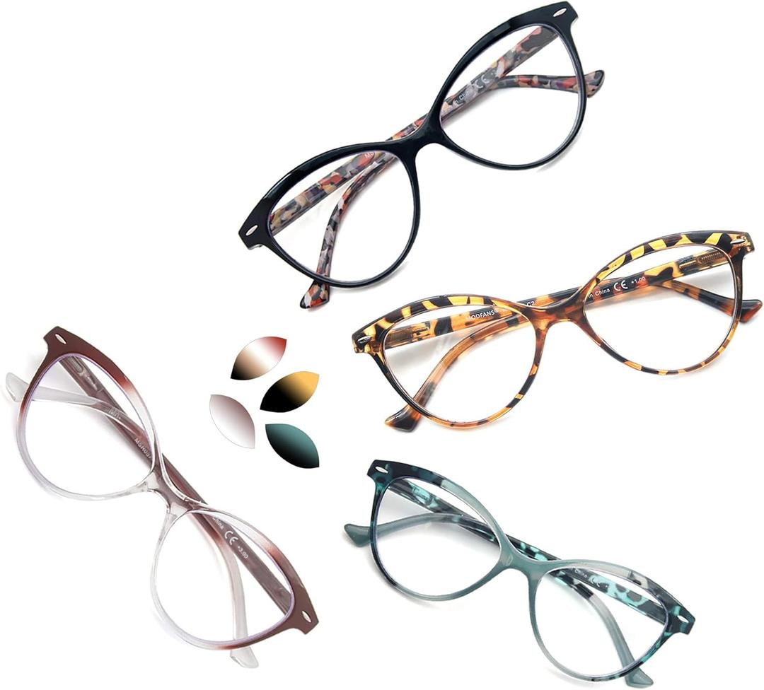 MODFANS 4 Pack Fashion Designer Cat Eye Reading Glasses for Womens with Spring Hinge Stylish Comfortable Readers (4 Mix Color)