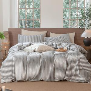 MooMee Striped Duvet Cover Set 100% Washed Cotton Linen Like Textured Breathable Durable Soft Comfy (Dark Grey White Classic Stripes, Cal King 104"x98")