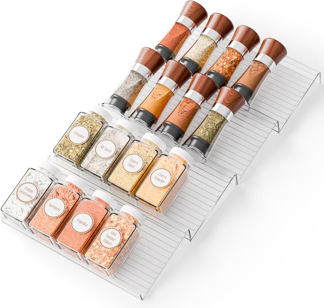 Yieach 4 Pack Adjustable Narrow Spice Rack for Drawer - Expandable From 9" to 17.7" - Acrylic Drawer Seasoning Organizer,Tiered Clear Spice Tray for Spices,Condiment,Nail Polish and Jar Organization