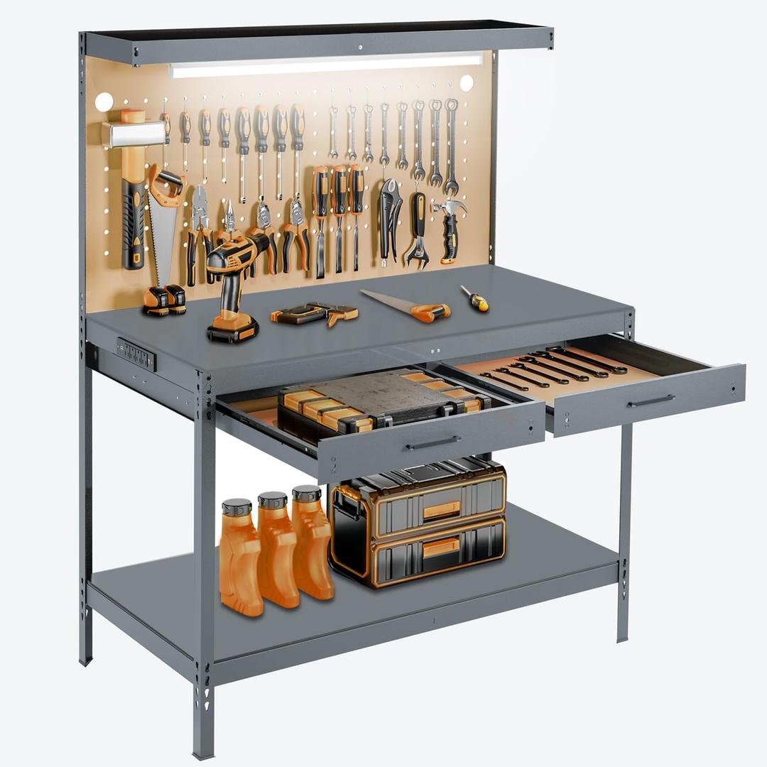 Work Bench, A3 Steel Garage Storage Workbench with Drawers Pegboard 600LBS Capacity Work Tool Bench, Workbench for Garage Workshop Basement, Work Table Light Gray