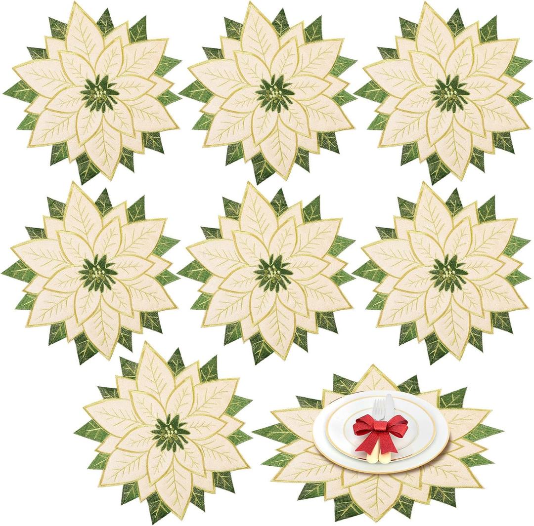 Preboun Green Christmas Poinsettia Placemats Set of 8 Christmas Embroidered Placemats 16 x 16 Round Double Layer Applique Flower Place Mat for Xmas Table Home Dining Holiday