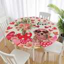 Valentines Day Cute Dog Round Tablecloth Fitted Best for 40"-44" Pink Floral Table Cloth Elastic Edge Water-Resistant Washable Love Heart Decoration Table Cover for Party Picnic Indoor Decor