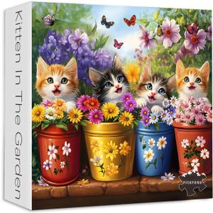 PICKFORU Cat Puzzles for Adults 1000 Pieces, Colorful Animals Jigsaw Puzzles Kitten Butterfly, Difficult Flower Plant Puzzle as Home Decor