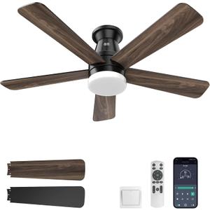Minthouz Ceiling Fans with Lights, 42 inch Ceiling Fan with Light with APP/Remote Control, 6000K Dimmable LED, Modern Flush Mount Ceiling Fan for Indoor Bedroom Living Room, DC Reversible, Black