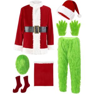 casapre Santa Costume Adult.Christmas Costume 7pcs Suit With Green Monster Mask and Red Hat.Christmas Gift Box Packaging