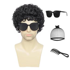 Mens Curly Afro Wigs Short Black Wig for Male Guy Rocker Wig California Halloween Cosplay Costume Full Wigs (Black)