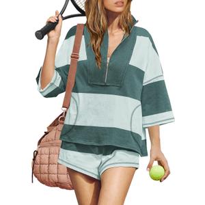 ReachMe Womens Workout Striped Short Sets 2 Piece Outfits Summer Matching Lounge Sets Top and Shorts with Pockets (Medium, Green Green)