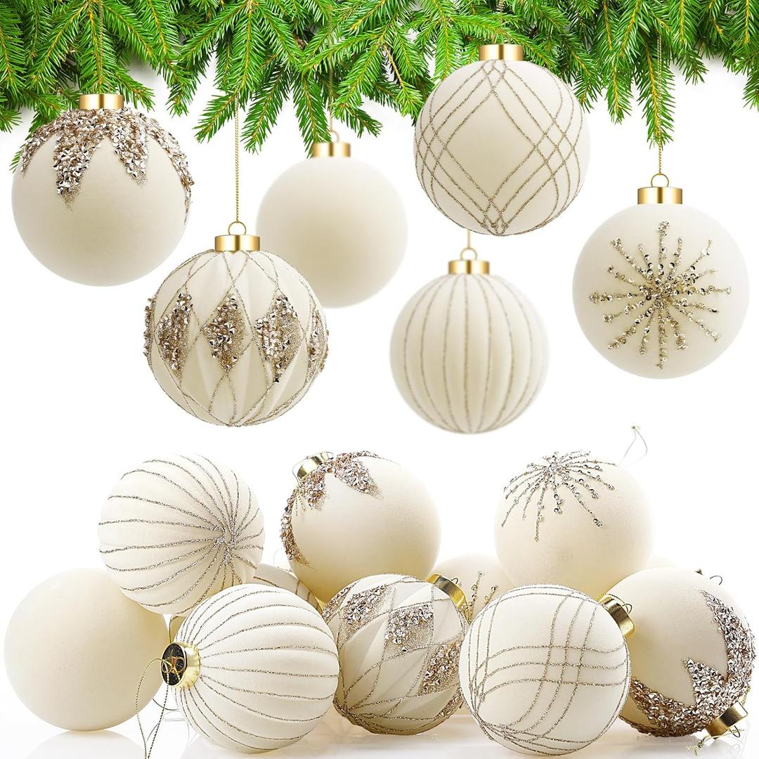 Liliful 12 Pcs 4 Inch Large Velvet Christmas Balls Ornaments Set Flocked Tree Balls Luxury Velvet Christmas Hanging Ornaments for Xmas Tree Party Wedding Home Decor(White)