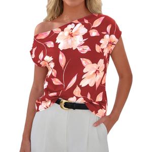 Zenlonr Womens Off The Shoulder Tops 2026 Summer Casual Short Sleeve T Shirts Boho Floral Blouse Trendy Going Out Tops (M)
