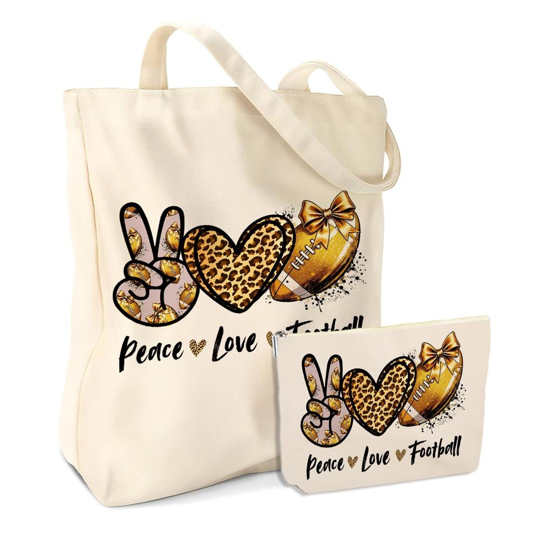 Football Gifts, Football Stuff for Women Girl Team Teacher Coach Friend Daughter Bestie Coworker Birthday Christmas Graduation 2PCS Cosmetic Bags Canvas Tote Bag Beach Bag with Pocket Makeup Bags