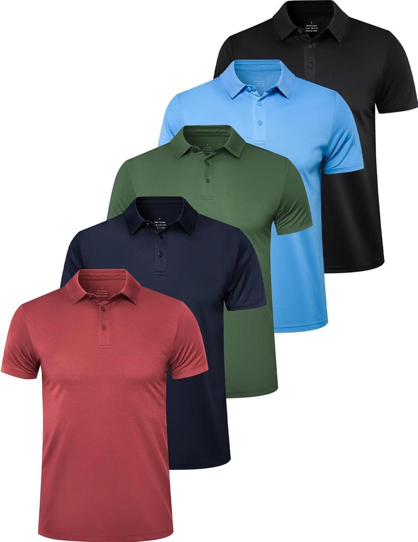 OYGSieg 5 Pack Polo Shirts for Men Quick Dry Short Sleeve T-Shirts Performance Mens Golf Shirts for Work Athletic (XL)