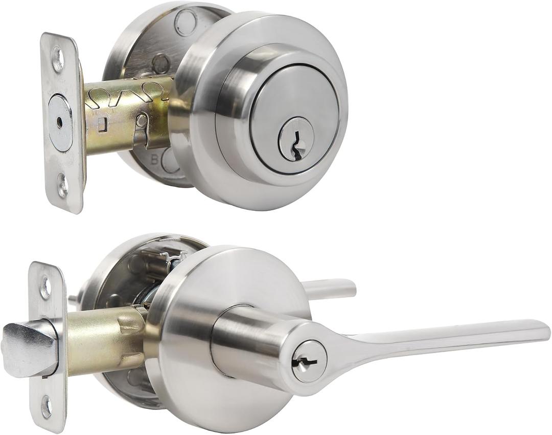 Keyed Alike Front Door Handle and Deadbolt Set,Roundness Heavy Duty Door Handle with Deadbolt Locks,Deadbolt Lock and Door Knob Set for Exterior Doors (Satin Nickel,1pack-Set)