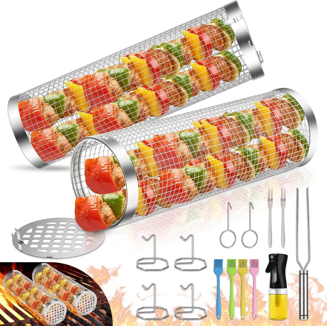 Grill Baskets for Outdoor Grill- 2 PCS, Rolling Grilling Basket, Stainless Steel BBQ Grill Mesh Grilling Accessories for Fish, Shrimp, Meat, Veggies, Fries, Grilling Gift for Men Dad Husband