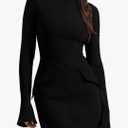 OFEEFAN Women's Fall Long Sleeve Mock Neck Dress Basic Party Club Bodycon Mini Dresses Size S