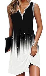 GUNEST Womens Summer Black 2 Printed Dresses Striped V Neck Sleeveless Button Down Casual Tank Flowy Beach Vacation 2025 A Line Trendy Mini Shift Tshirt Sundress with Pockets, Medium