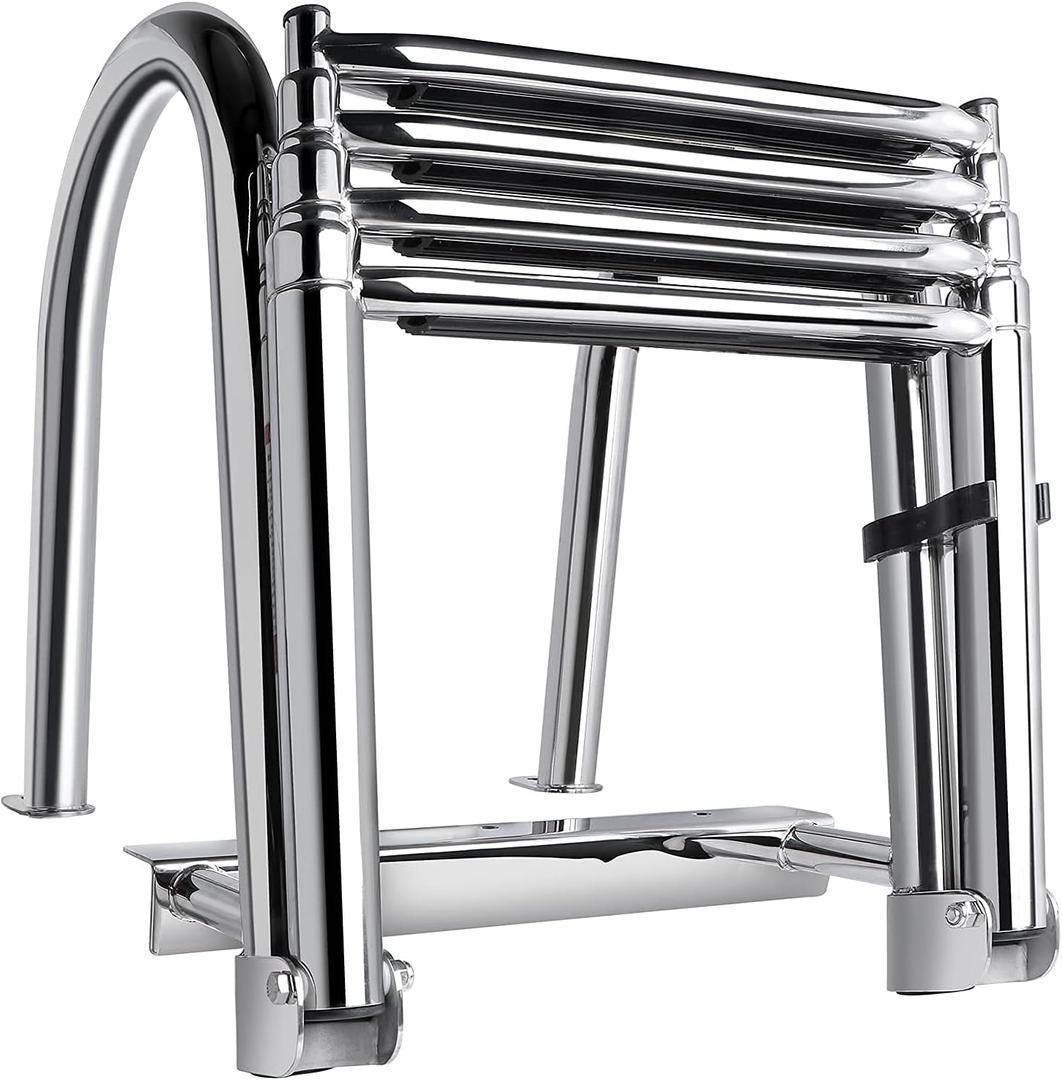 Marinebaby 4-Step Pontoon Boat Ladder, 316 Stainless Steel Folding Telescoping Inboard Ladder with Hand Railing and Extra Wide Steps