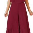 ROYLAMP Women's Summer 2 Piece Outfits Round neck Crop Basic Top Cropped Wide Leg pants Set Jumpsuits Burgundy, XXL