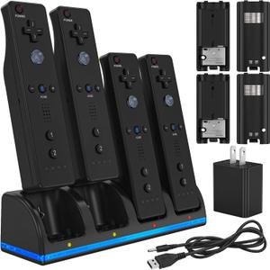 Remote Controller Charger for Wii/Wii U With 4 Pack 2800mAh Rechargeable Battery Pack, 4 Port Charging Station for Controller, Remotes Not Included (7.4 * 2.1 inches, Black)