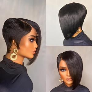 4x4 Lace Closure Pixie Cut Human Hair Wigs for Women Glueless Short Layered Pixie Cut Straight Lace Frontal Wigs Brazilian Virgin Straight Human Hair Wig Natural Black Color (Black Side Bang)