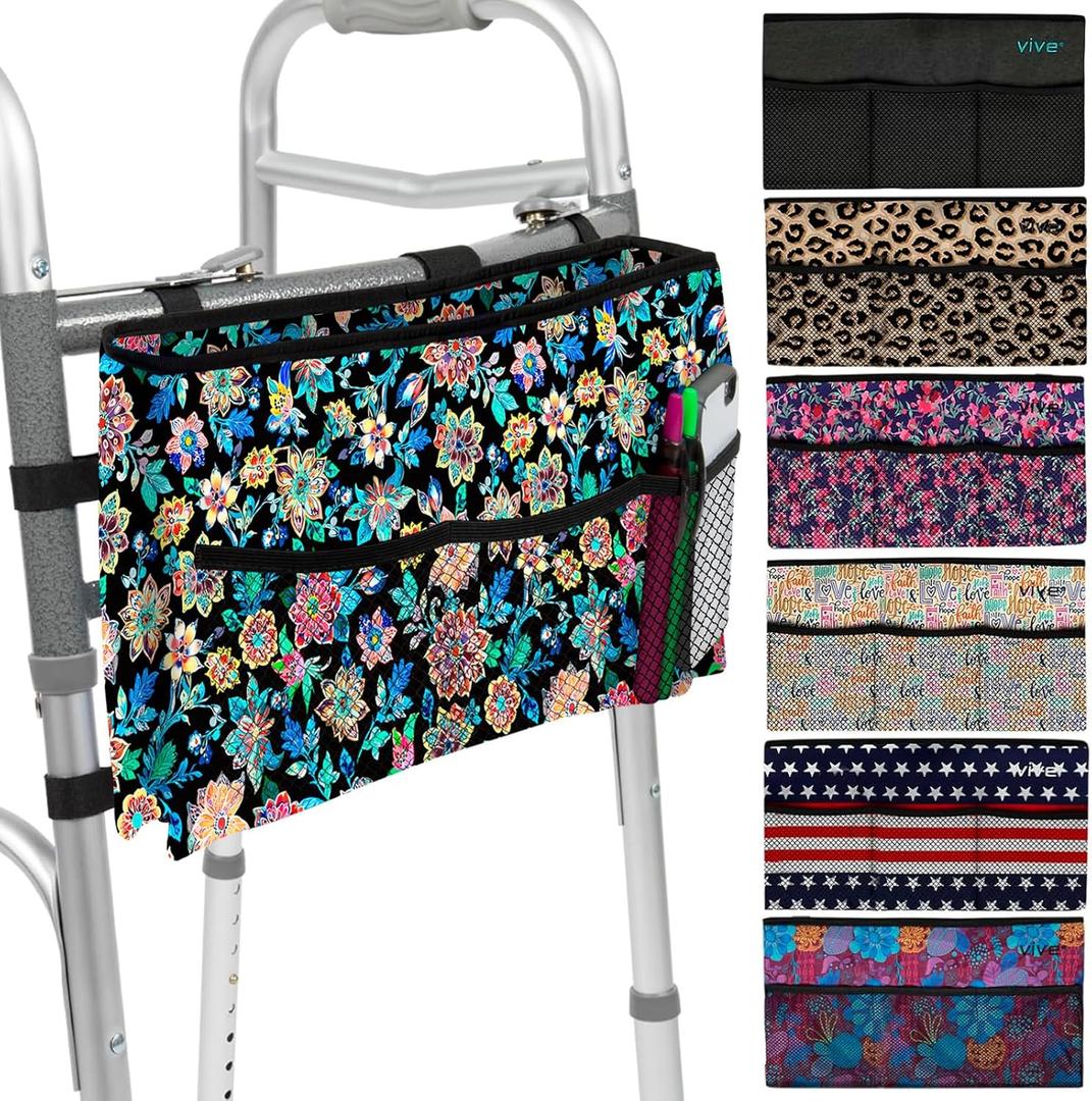 Vive Walker Bag - Accessories Wheelchair Basket Pouch (Water Resistant) - Seniors Caddy Accessory Attachment for Folding, Rolling Walkers - Carry Storage Carrier Tote - Lightweight, Universal Size (Black Floral)