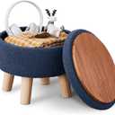 Wimarsbon Storage Ottoman, Modern Round Footrest with Soft Padded Seat, Teddy Velvet Footstool with Wood Legs, Accent Small Table or Plant Stand for Hallway, Living Room (Grey-Blue)