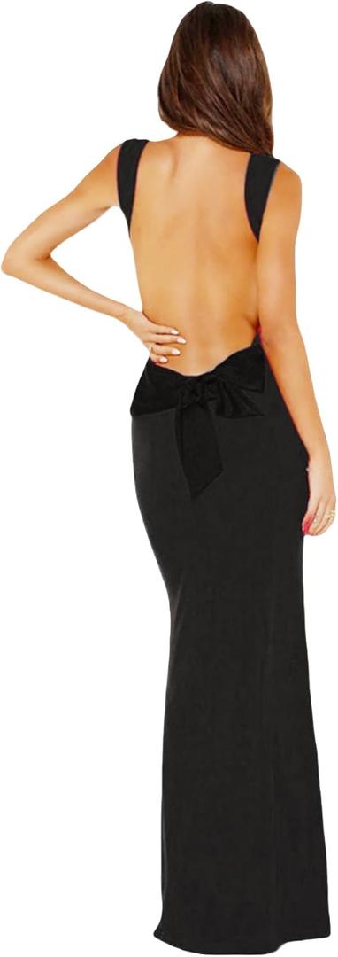 RARITYUS Womens Elegant Satin Bow Maxi Dress Sexy Cowl Neck Backless Wedding Guest Dress Cocktail Party Evening Gown (Small, Black)