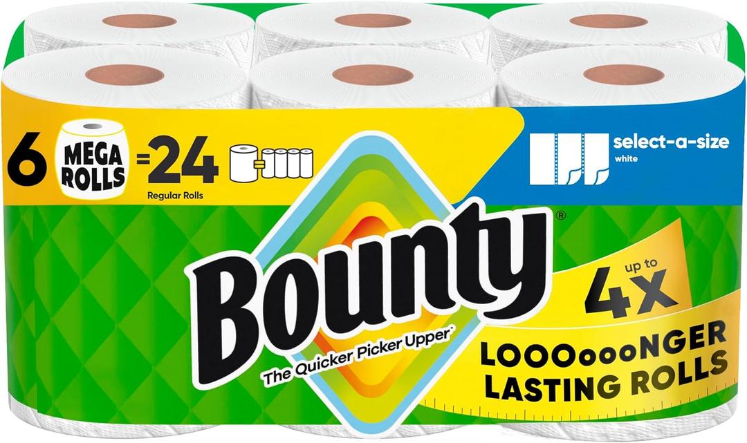 Bounty Select-A-Size Paper Towels, White, 6 Mega Rolls = 24 Regular Rolls